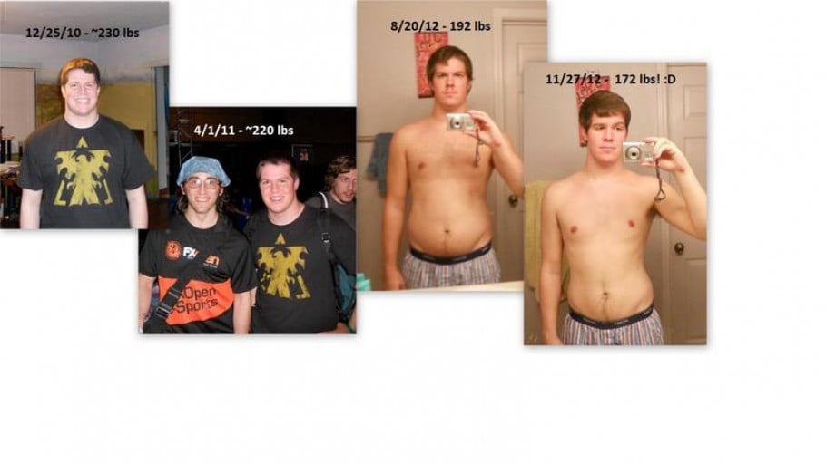 A before and after photo of a 5'9" male showing a weight reduction from 230 pounds to 172 pounds. A total loss of 58 pounds.