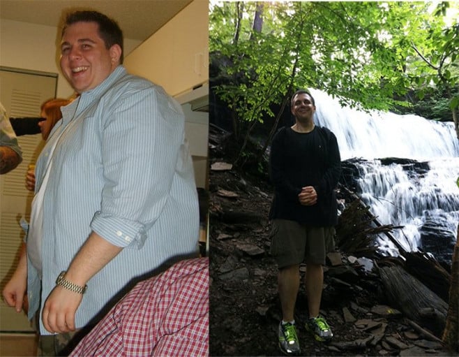 A picture of a 5'8" male showing a weight loss from 340 pounds to 220 pounds. A net loss of 120 pounds.