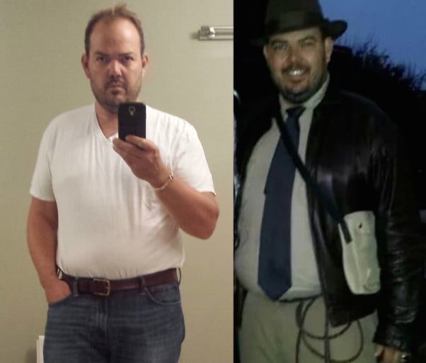 A progress pic of a 6'3" man showing a fat loss from 310 pounds to 260 pounds. A net loss of 50 pounds.