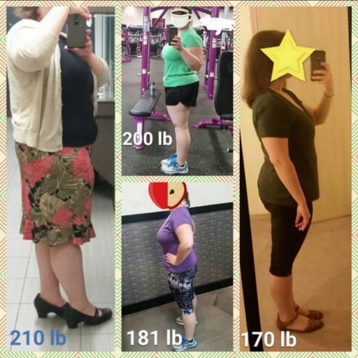 A photo of a 5'2" woman showing a weight loss from 214 pounds to 170 pounds. A total loss of 44 pounds.