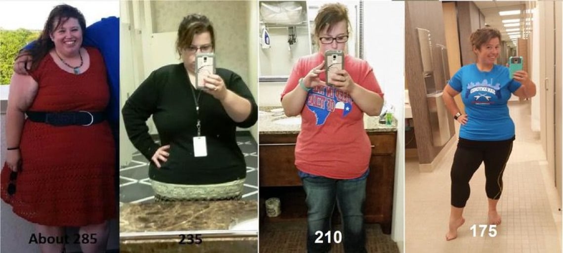 A progress pic of a 5'0" woman showing a fat loss from 285 pounds to 175 pounds. A net loss of 110 pounds.