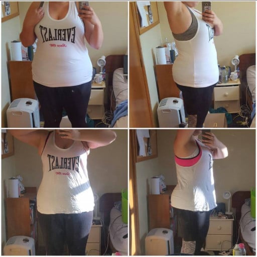 A before and after photo of a 5'9" female showing a weight cut from 265 pounds to 235 pounds. A respectable loss of 30 pounds.