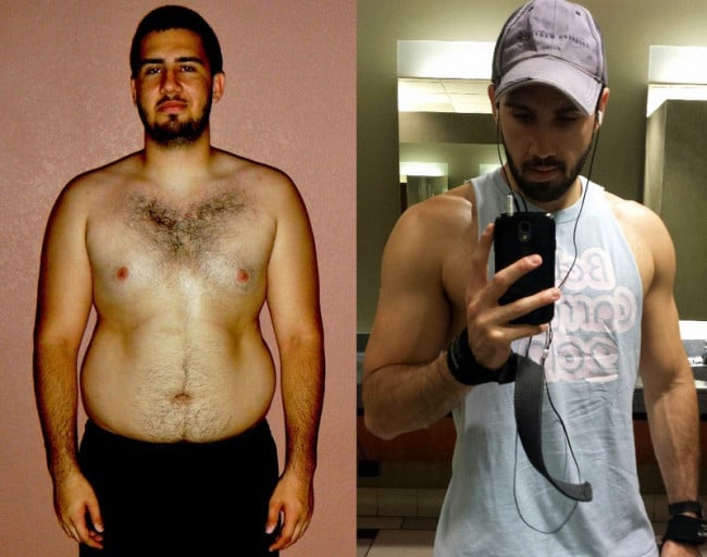 A picture of a 6'0" male showing a weight loss from 255 pounds to 178 pounds. A respectable loss of 77 pounds.