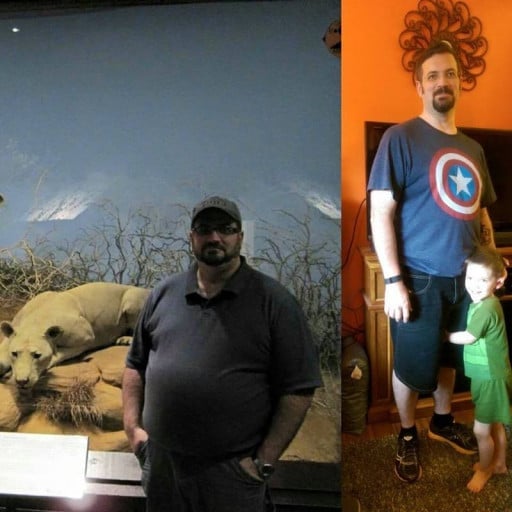 A progress pic of a 5'11" man showing a fat loss from 299 pounds to 217 pounds. A respectable loss of 82 pounds.