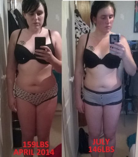 A photo of a 5'4" woman showing a weight loss from 159 pounds to 146 pounds. A respectable loss of 13 pounds.