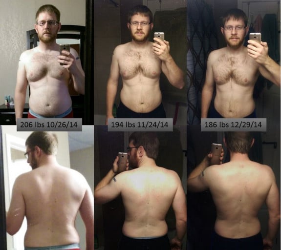 A picture of a 6'0" male showing a weight loss from 206 pounds to 186 pounds. A respectable loss of 20 pounds.