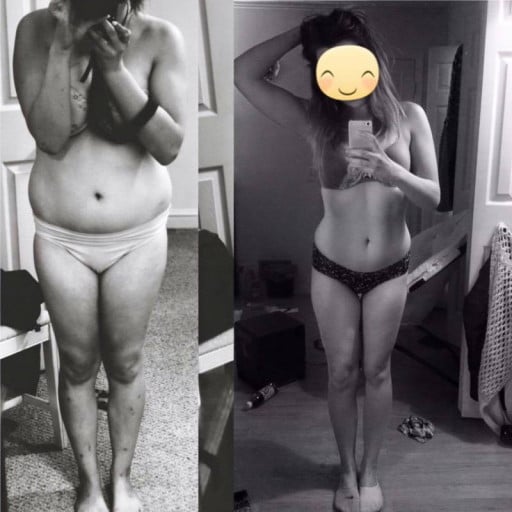 A photo of a 5'4" woman showing a weight cut from 160 pounds to 133 pounds. A total loss of 27 pounds.