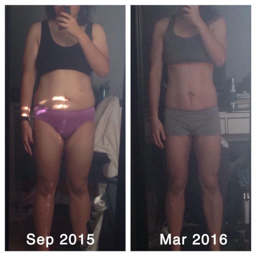A photo of a 5'3" woman showing a weight cut from 160 pounds to 140 pounds. A respectable loss of 20 pounds.