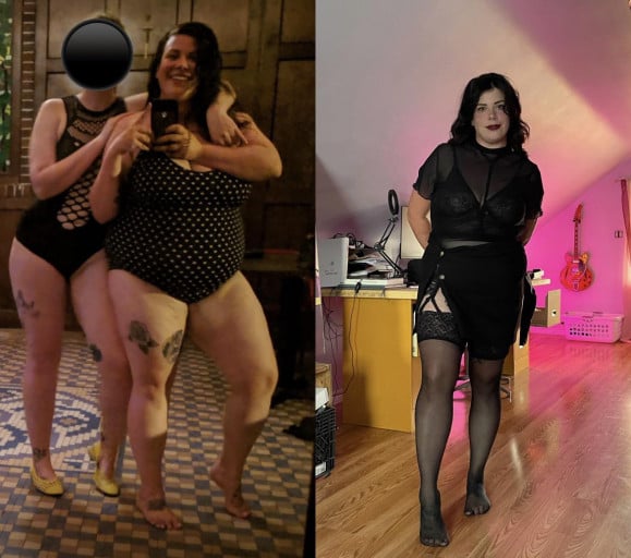 A photo of a 5'5" woman showing a weight cut from 285 pounds to 184 pounds. A respectable loss of 101 pounds.