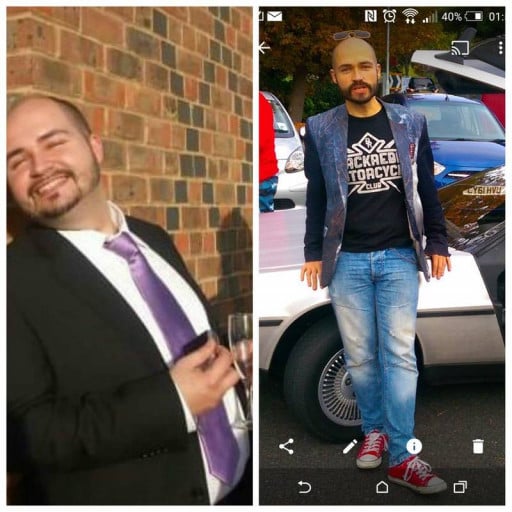 A before and after photo of a 5'10" male showing a weight reduction from 282 pounds to 164 pounds. A net loss of 118 pounds.