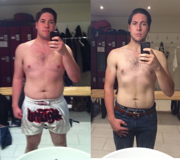A photo of a 6'0" man showing a weight cut from 215 pounds to 185 pounds. A respectable loss of 30 pounds.