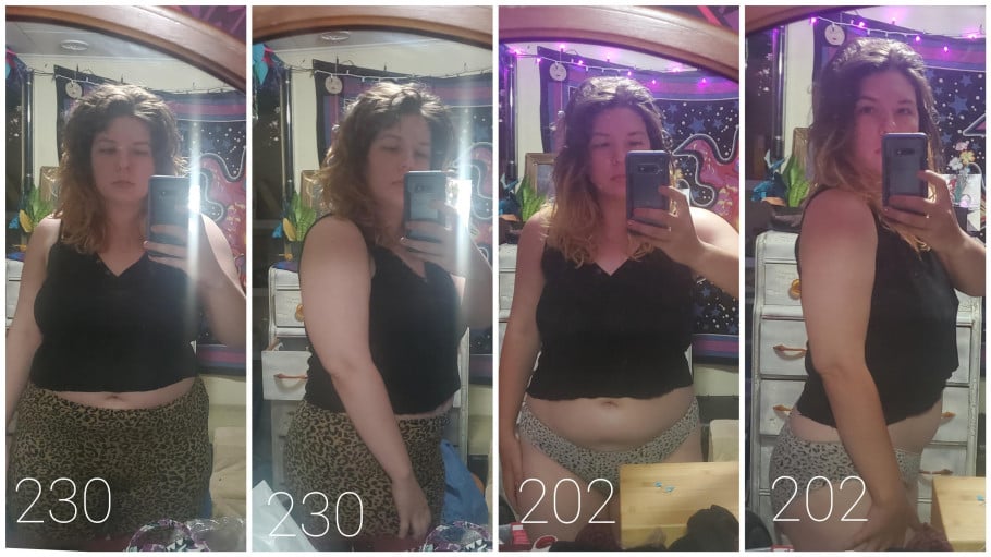 A progress pic of a 5'4" woman showing a fat loss from 230 pounds to 202 pounds. A respectable loss of 28 pounds.