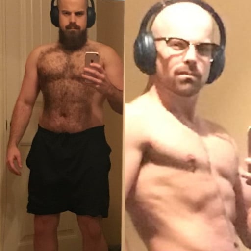 A progress pic of a 5'4" man showing a fat loss from 170 pounds to 144 pounds. A net loss of 26 pounds.