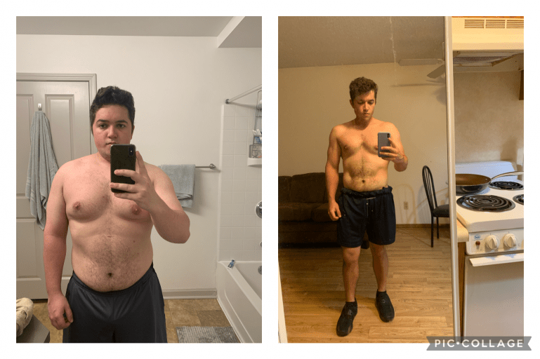 A progress pic of a 5'6" man showing a fat loss from 235 pounds to 165 pounds. A net loss of 70 pounds.