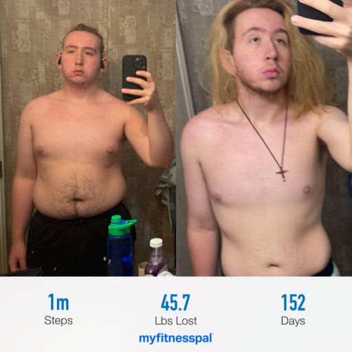 A before and after photo of a 5'11" male showing a weight reduction from 225 pounds to 180 pounds. A total loss of 45 pounds.