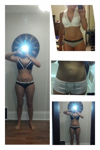 A progress pic of a 5'8" woman showing a fat loss from 175 pounds to 135 pounds. A net loss of 40 pounds.