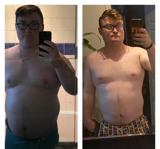 A before and after photo of a 5'8" male showing a weight reduction from 252 pounds to 218 pounds. A respectable loss of 34 pounds.