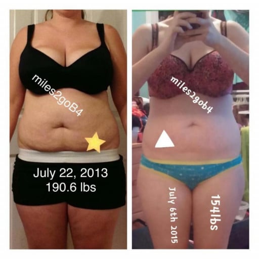 A progress pic of a 5'5" woman showing a fat loss from 190 pounds to 154 pounds. A total loss of 36 pounds.