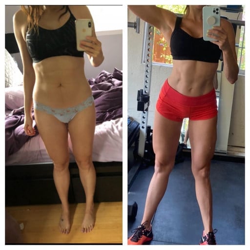 A before and after photo of a 5'5" female showing a weight reduction from 140 pounds to 130 pounds. A total loss of 10 pounds.