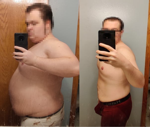 A picture of a 5'7" male showing a weight loss from 265 pounds to 164 pounds. A net loss of 101 pounds.