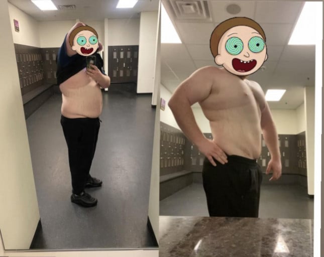 A before and after photo of a 6'1" male showing a weight reduction from 356 pounds to 290 pounds. A total loss of 66 pounds.