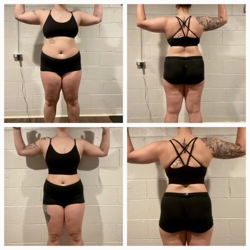 A photo of a 5'5" woman showing a weight cut from 208 pounds to 172 pounds. A total loss of 36 pounds.