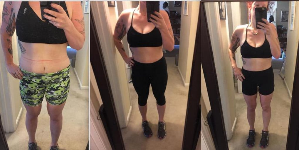 A picture of a 5'3" female showing a weight reduction from 257 pounds to 127 pounds. A net loss of 130 pounds.