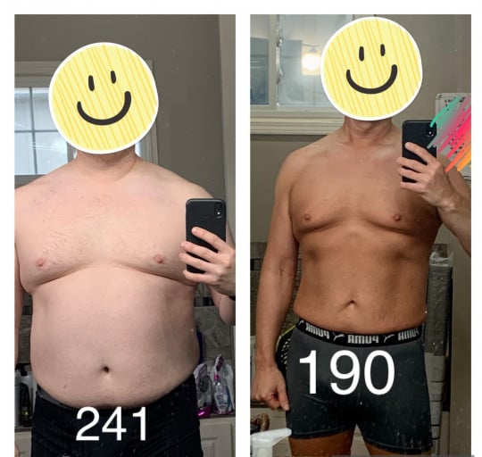 Before and After 51 lbs Fat Loss 5'9 Male 241 lbs to 190 lbs