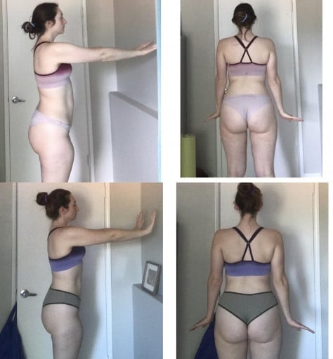 A before and after photo of a 5'7" female showing a weight reduction from 160 pounds to 155 pounds. A net loss of 5 pounds.
