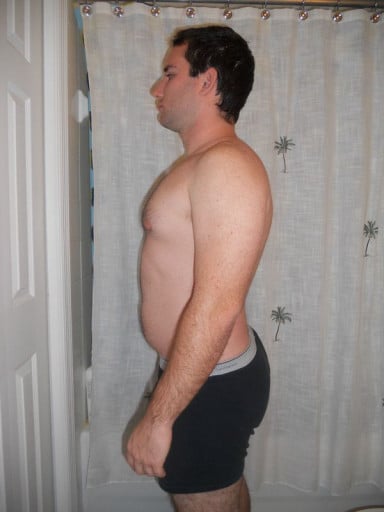 A before and after photo of a 5'8" male showing a snapshot of 202 pounds at a height of 5'8