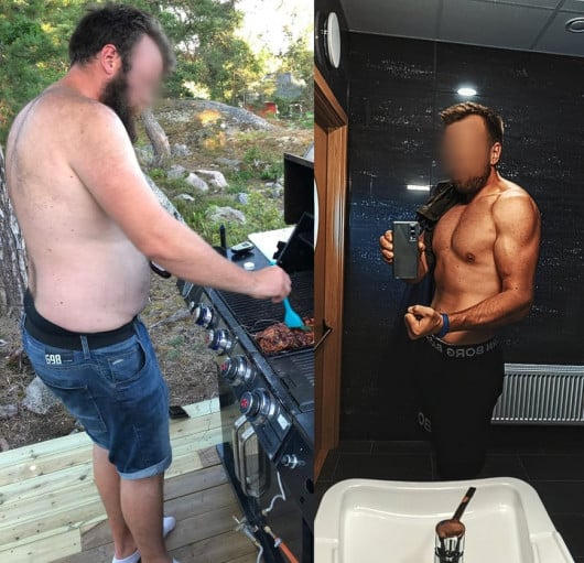 A progress pic of a 6'4" man showing a fat loss from 275 pounds to 215 pounds. A respectable loss of 60 pounds.