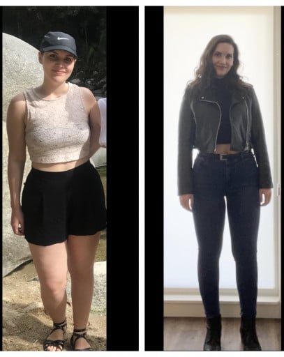 A before and after photo of a 5'8" female showing a weight reduction from 163 pounds to 153 pounds. A net loss of 10 pounds.