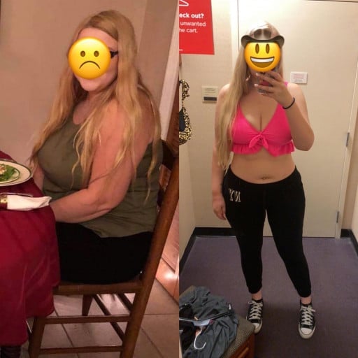 A progress pic of a 5'11" woman showing a fat loss from 256 pounds to 205 pounds. A net loss of 51 pounds.