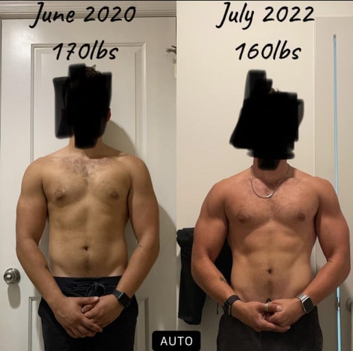 A picture of a 5'8" male showing a weight loss from 170 pounds to 160 pounds. A total loss of 10 pounds.