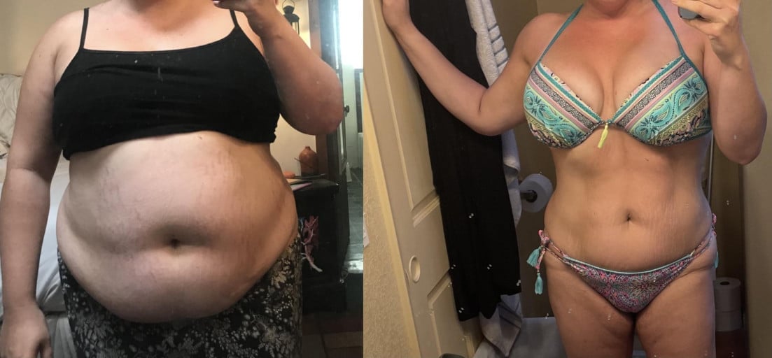 A progress pic of a 5'11" woman showing a fat loss from 330 pounds to 230 pounds. A net loss of 100 pounds.