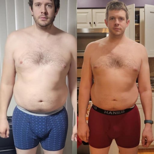 A before and after photo of a 6'0" male showing a snapshot of 235 pounds at a height of 6'0
