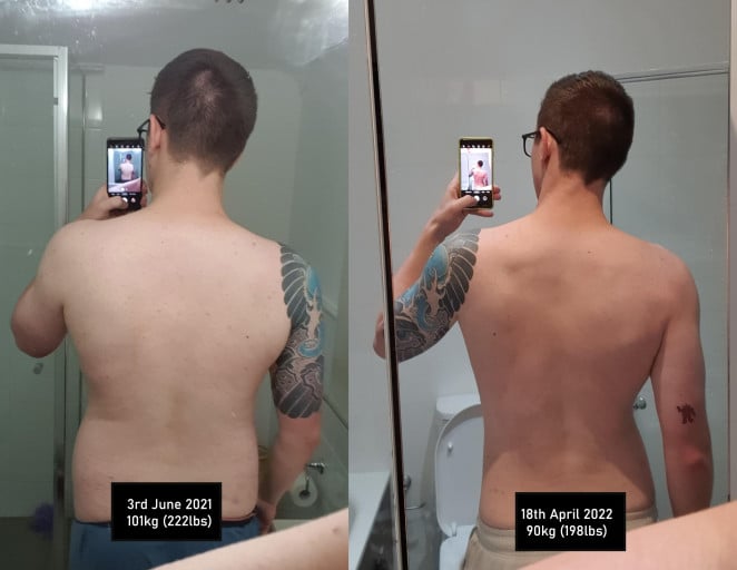 A before and after photo of a 6'4" male showing a weight reduction from 222 pounds to 198 pounds. A respectable loss of 24 pounds.