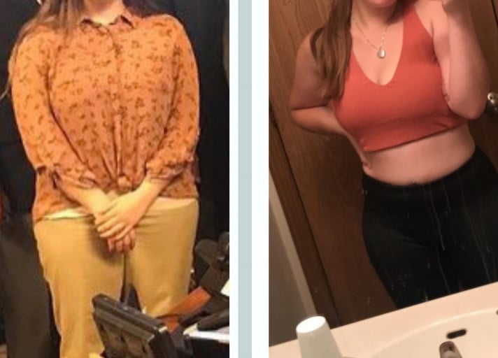 A progress pic of a 5'0" woman showing a fat loss from 156 pounds to 133 pounds. A total loss of 23 pounds.