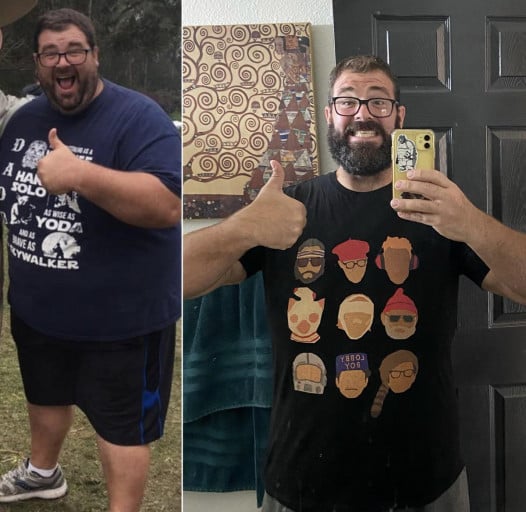 A before and after photo of a 6'1" male showing a weight reduction from 482 pounds to 282 pounds. A respectable loss of 200 pounds.