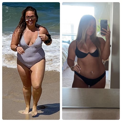 A before and after photo of a 5'2" female showing a weight reduction from 190 pounds to 170 pounds. A net loss of 20 pounds.