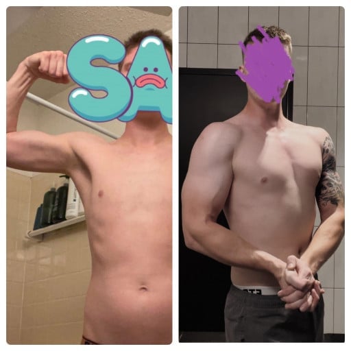 A progress pic of a 6'2" man showing a weight bulk from 150 pounds to 190 pounds. A total gain of 40 pounds.