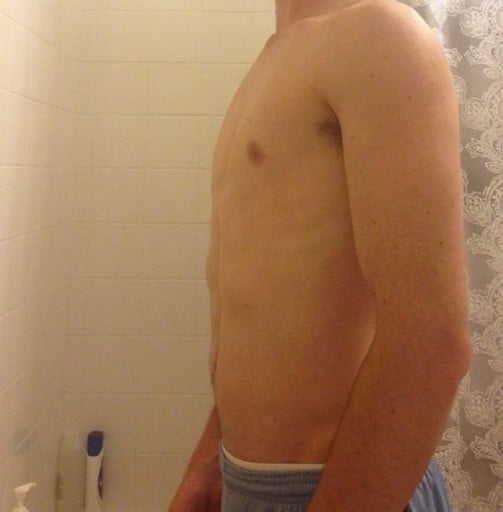 A picture of a 5'8" male showing a weight bulk from 102 pounds to 124 pounds. A net gain of 22 pounds.