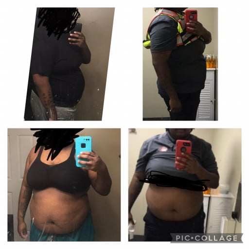 A progress pic of a 6'1" woman showing a fat loss from 328 pounds to 319 pounds. A net loss of 9 pounds.