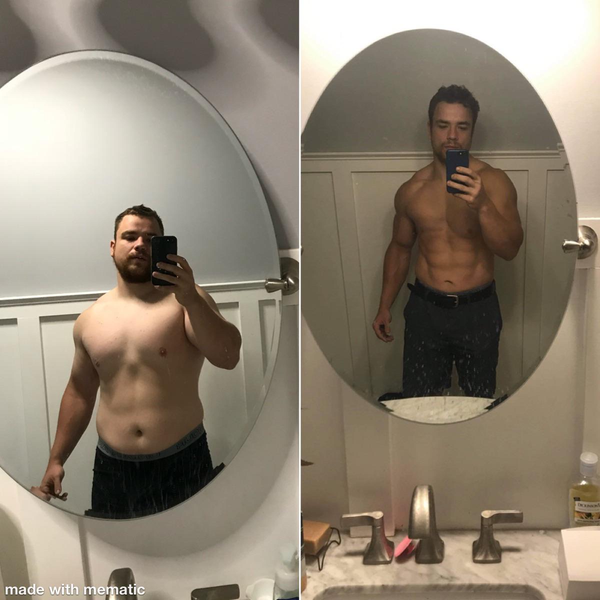 Before and After 80 lbs Fat Loss 5 feet 11 Male 295 lbs to 215 lbs