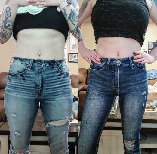 A photo of a 5'5" woman showing a weight cut from 160 pounds to 140 pounds. A total loss of 20 pounds.