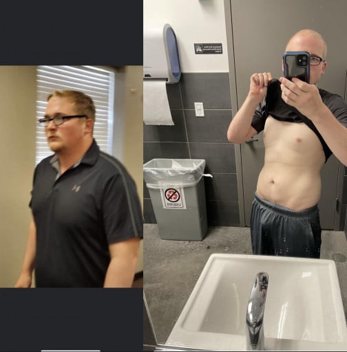 A progress pic of a 5'9" man showing a fat loss from 250 pounds to 170 pounds. A net loss of 80 pounds.
