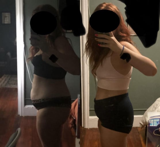 A progress pic of a 5'4" woman showing a fat loss from 185 pounds to 147 pounds. A net loss of 38 pounds.