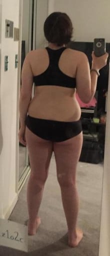 A before and after photo of a 5'5" female showing a snapshot of 146 pounds at a height of 5'5