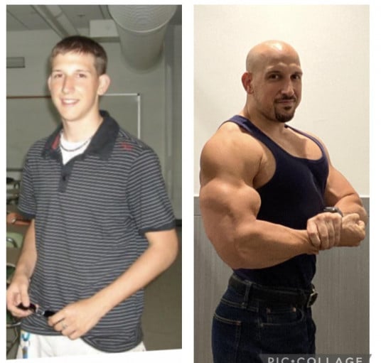 A picture of a 5'10" male showing a muscle gain from 155 pounds to 190 pounds. A total gain of 35 pounds.