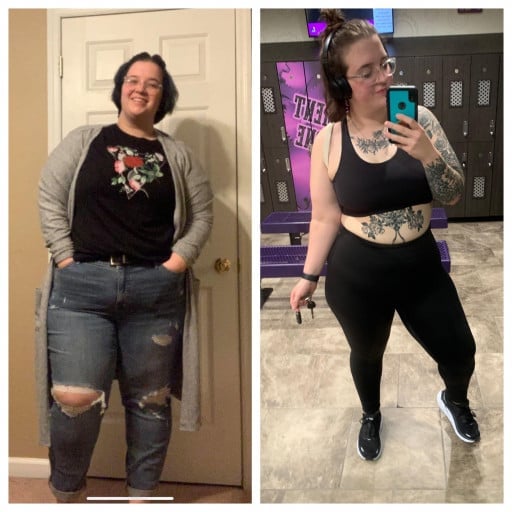 A picture of a 5'10" female showing a weight loss from 368 pounds to 249 pounds. A net loss of 119 pounds.